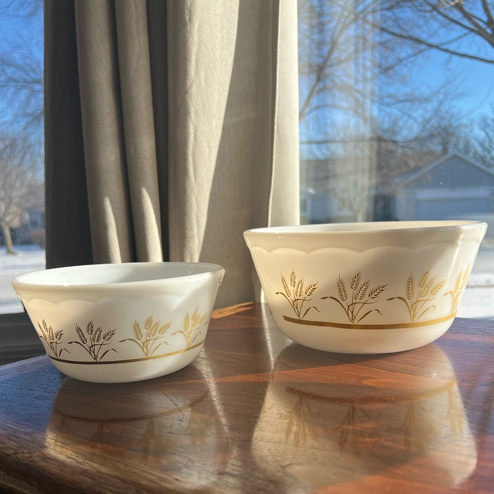 Pair of Vintage Hazel Atlas Golden Wheat Scalloped Milk Glass Bowls